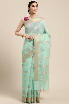 Sea green woven cotton silk saree with blouse