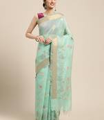 Sea green woven cotton silk saree with blouse