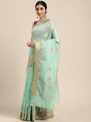 Sea green woven cotton silk saree with blouse 2
