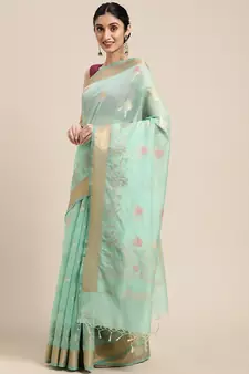 Sea green woven cotton silk saree with blouse