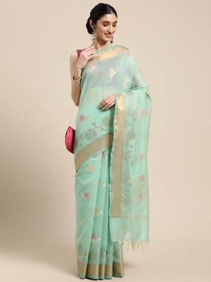 Sea green woven cotton silk saree with blouse 3