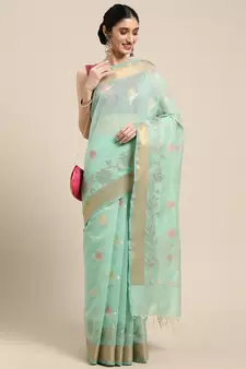Sea green woven cotton silk saree with blouse