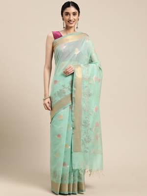 Sea green woven cotton silk saree with blouse 4