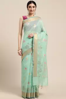 Sea green woven cotton silk saree with blouse