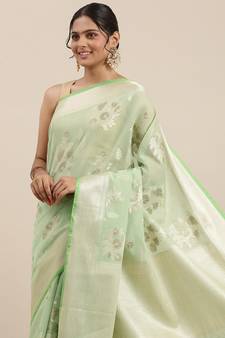Light green woven cotton silk saree with blouse