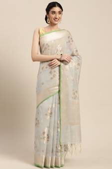 Beige woven cotton silk saree with blouse
