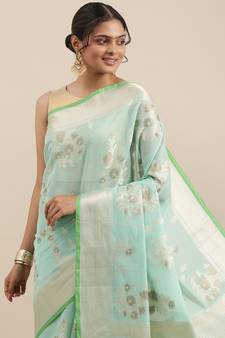 Sea green woven cotton silk saree with blouse