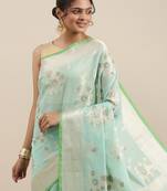 Sea green woven cotton silk saree with blouse