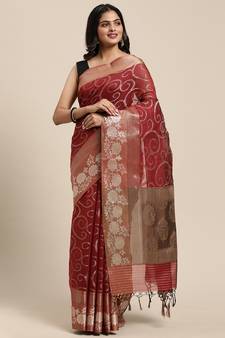Red woven cotton silk saree with blouse