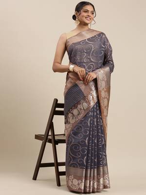 Grey woven cotton silk saree with blouse 2