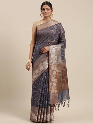 Grey woven cotton silk saree with blouse 3