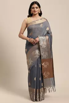 Grey woven cotton silk saree with blouse