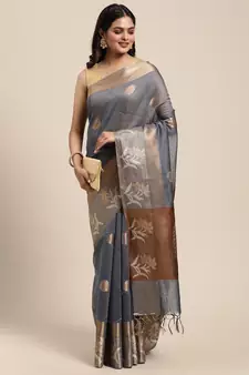 Grey woven cotton silk saree with blouse