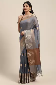 Grey woven cotton silk saree with blouse