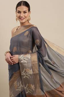 Blue woven cotton silk saree with blouse