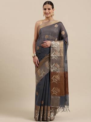 Blue woven cotton silk saree with blouse 2