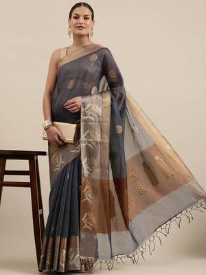 Blue woven cotton silk saree with blouse 3