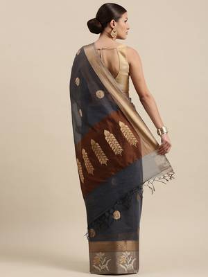 Blue woven cotton silk saree with blouse 4