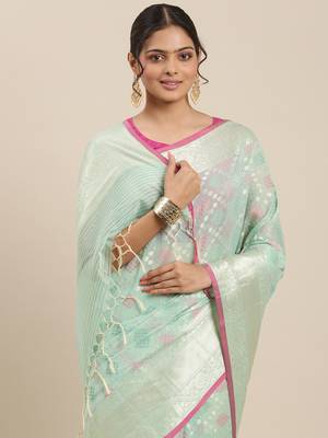 Sea green woven cotton silk saree with blouse 1