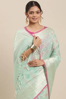 Sea green woven cotton silk saree with blouse