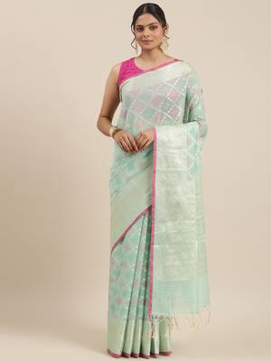 Sea green woven cotton silk saree with blouse 2