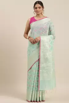 Sea green woven cotton silk saree with blouse
