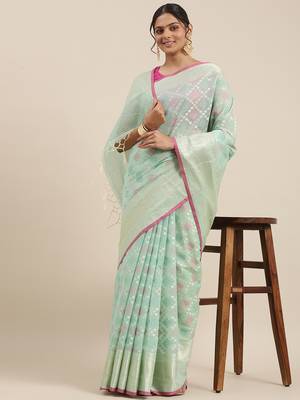 Sea green woven cotton silk saree with blouse 3