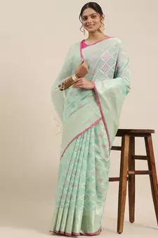 Sea green woven cotton silk saree with blouse