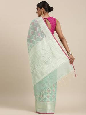 Sea green woven cotton silk saree with blouse 4