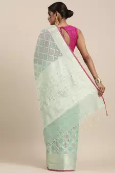Sea green woven cotton silk saree with blouse