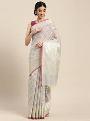 Grey woven cotton silk saree with blouse 3