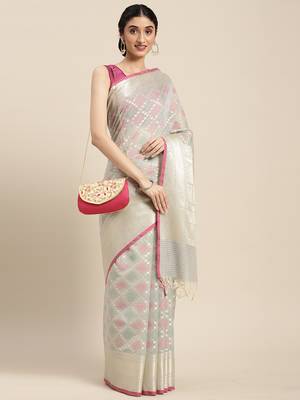 Grey woven cotton silk saree with blouse 4