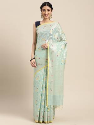 Sea green woven cotton silk saree with blouse 1