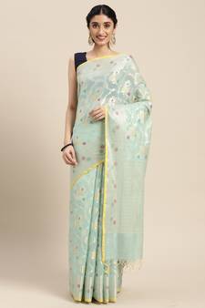 Sea green woven cotton silk saree with blouse