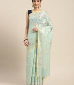 Sea green woven cotton silk saree with blouse