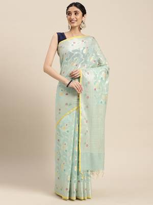 Sea green woven cotton silk saree with blouse 2