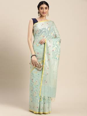 Sea green woven cotton silk saree with blouse 3