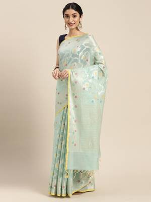 Sea green woven cotton silk saree with blouse 4