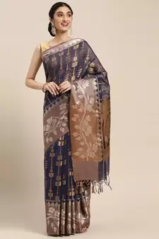 Blue woven cotton silk saree with blouse