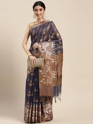 Blue woven cotton silk saree with blouse 3