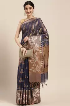 Blue woven cotton silk saree with blouse