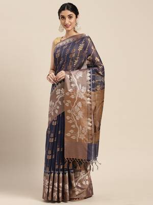 Blue woven cotton silk saree with blouse 4