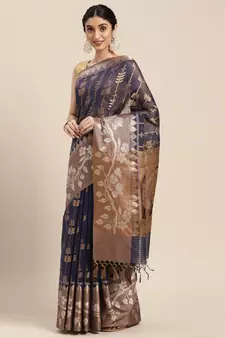 Blue woven cotton silk saree with blouse