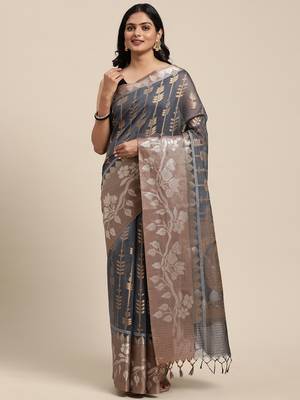 Grey woven cotton silk saree with blouse 1