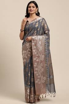 Grey woven cotton silk saree with blouse