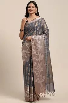 Grey woven cotton silk saree with blouse