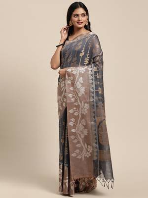 Grey woven cotton silk saree with blouse 2