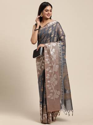 Grey woven cotton silk saree with blouse 3
