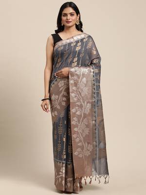 Grey woven cotton silk saree with blouse 4