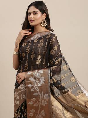 Black woven cotton silk saree with blouse 1